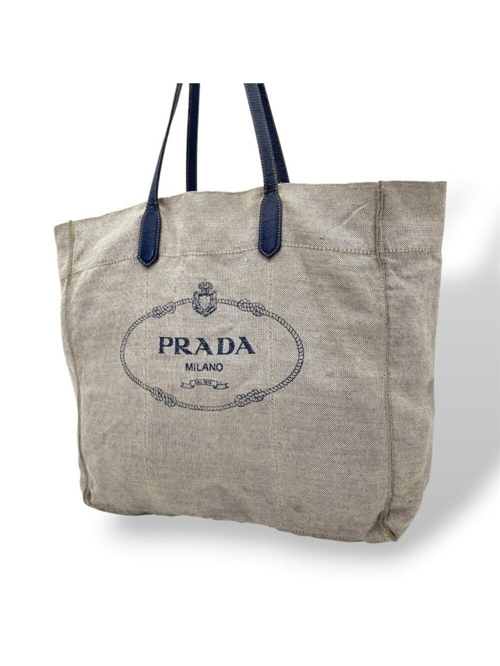 Prada Canapa Tote Bag Triangle Logo Canvas Leather Gray Blue Gold Shoulder Purse